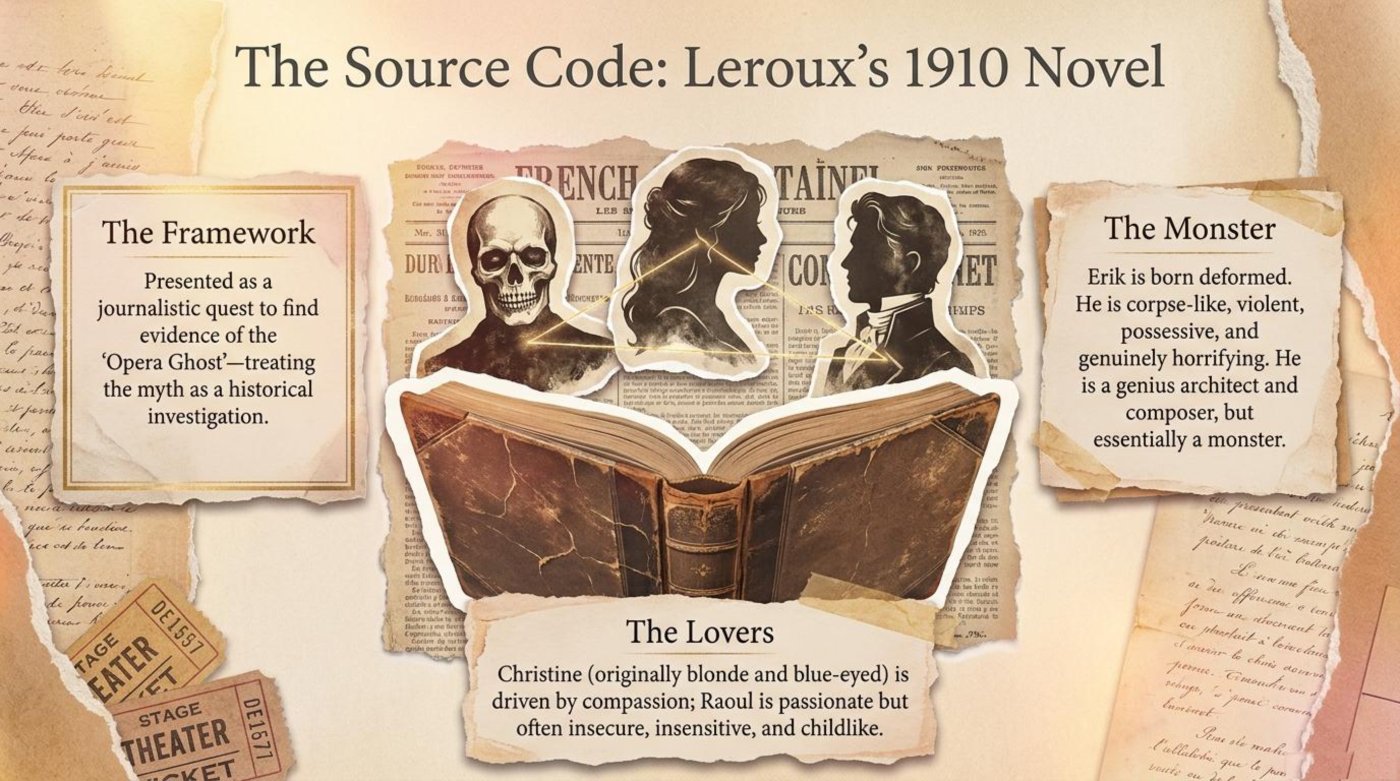 Collage introducing Leroux’s 1910 novel: the framework, the lovers, and the monster