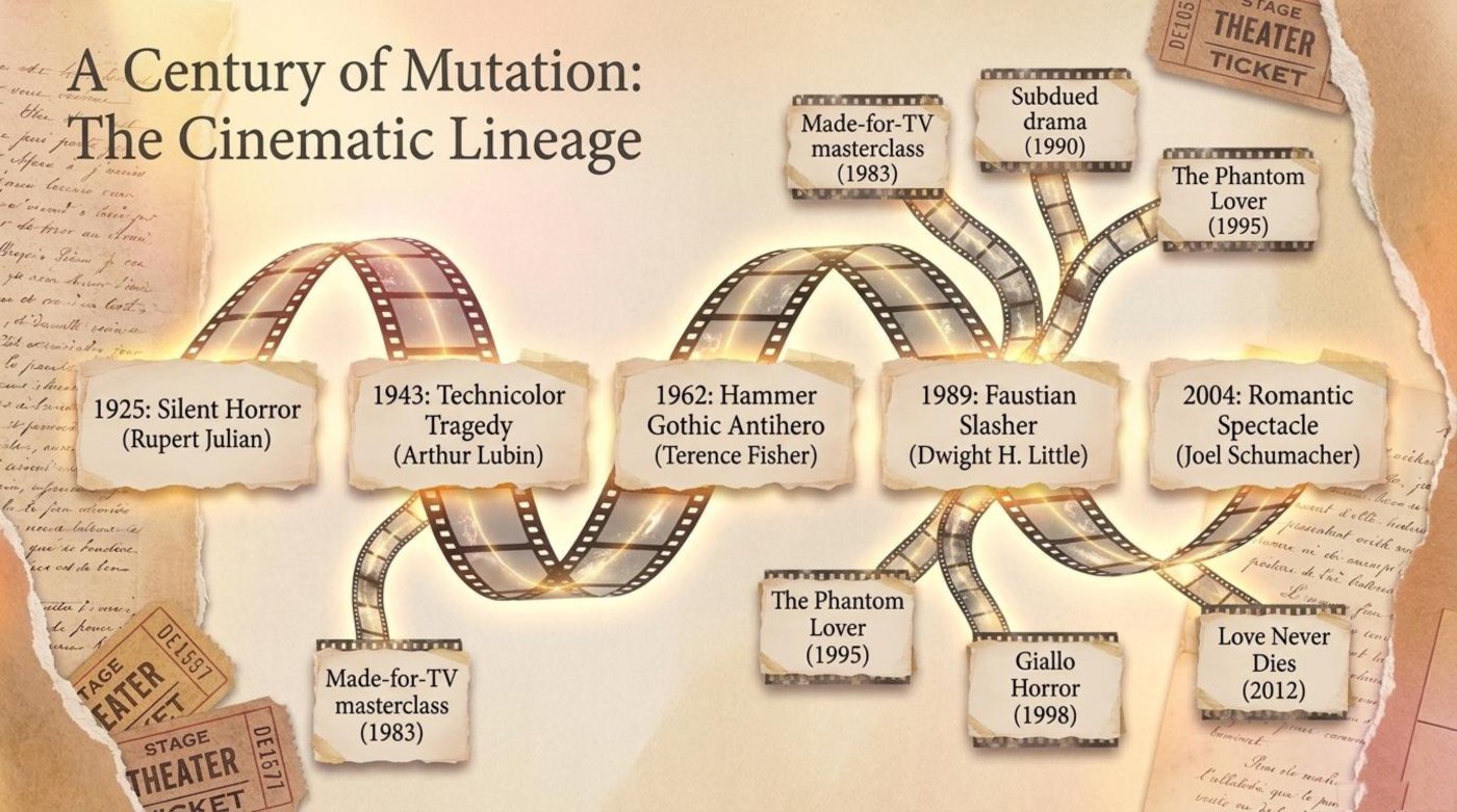 Timeline of Phantom of the Opera film adaptations from 1925 to 2004 with side branches