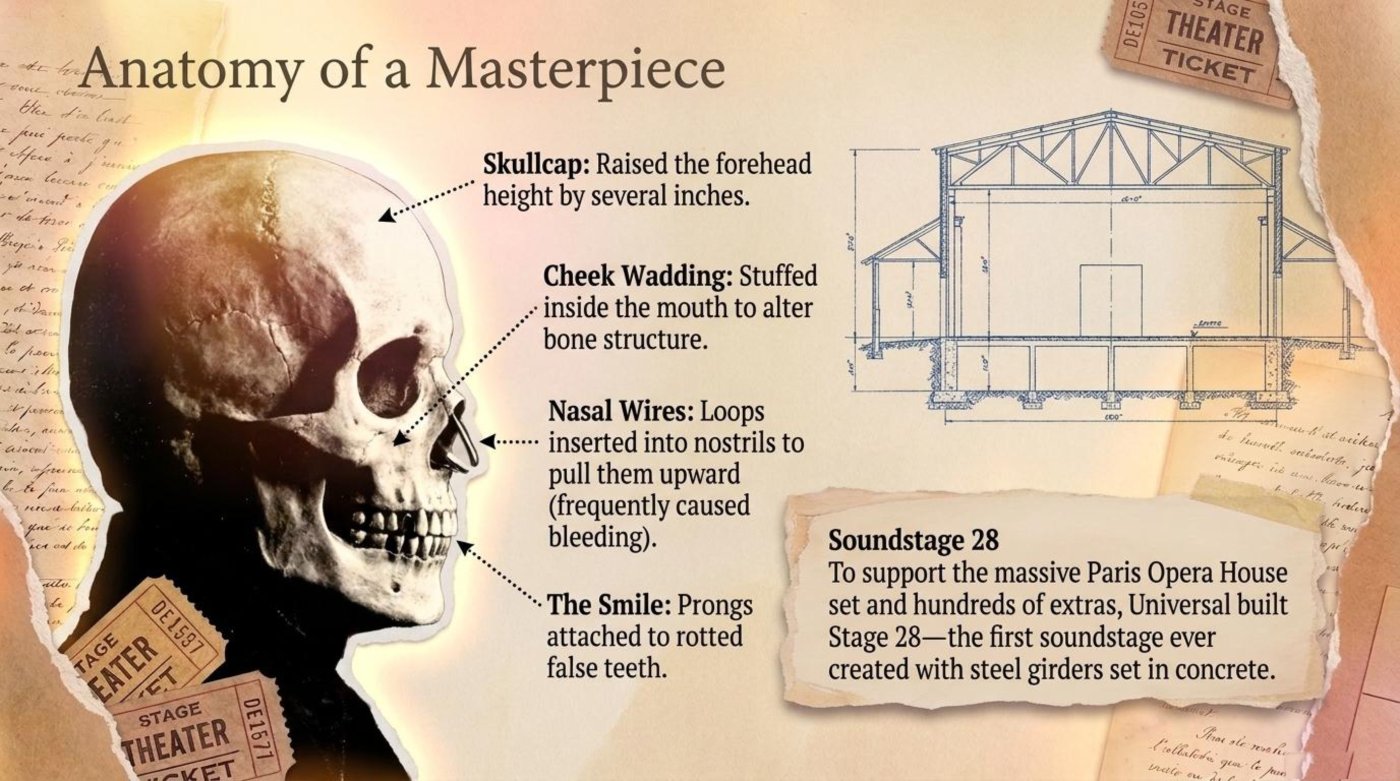 Anatomy of the 1925 make-up: skullcap, cheek wadding, nasal wires, the smile, and Soundstage 28