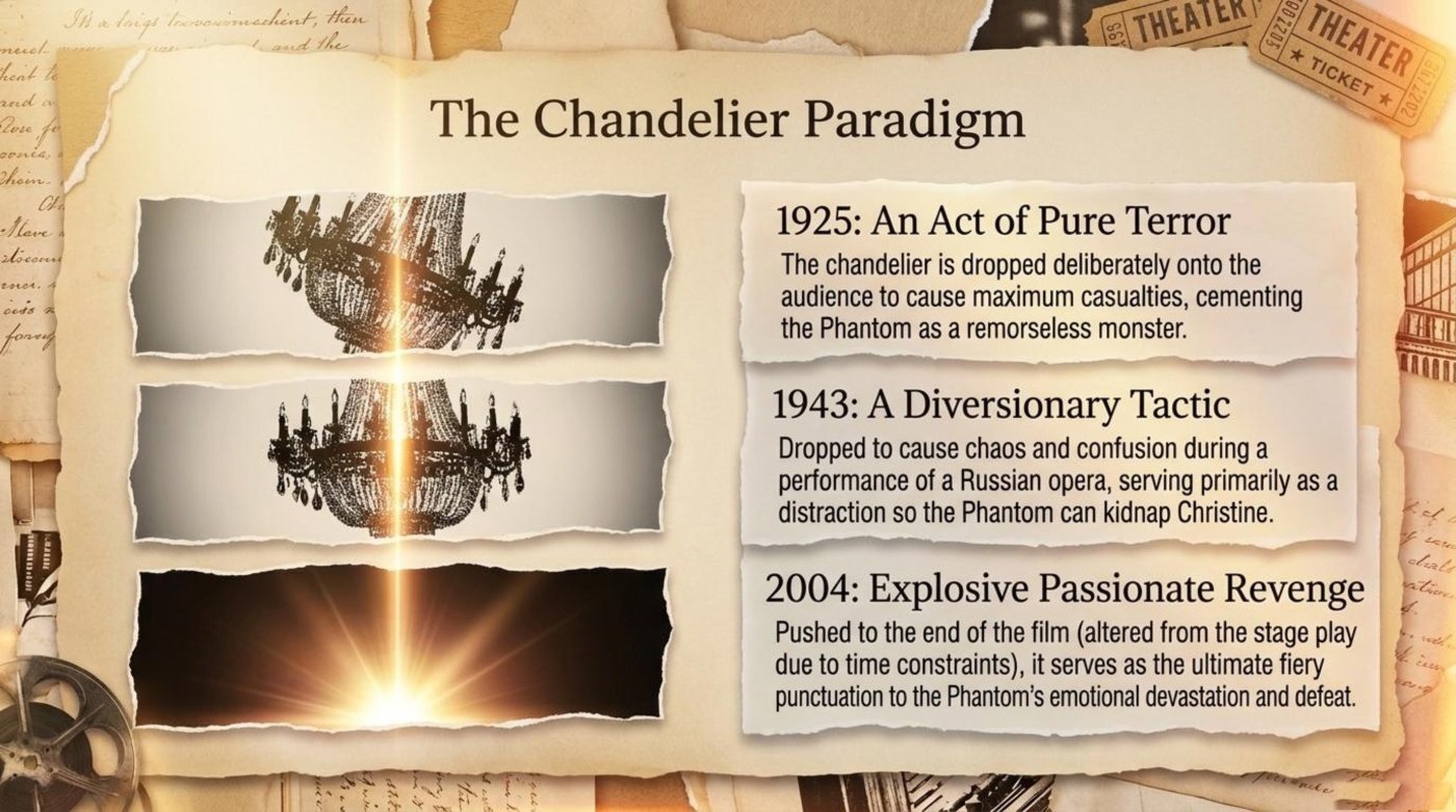 The chandelier paradigm: pure terror in 1925, diversion in 1943, passionate revenge in 2004