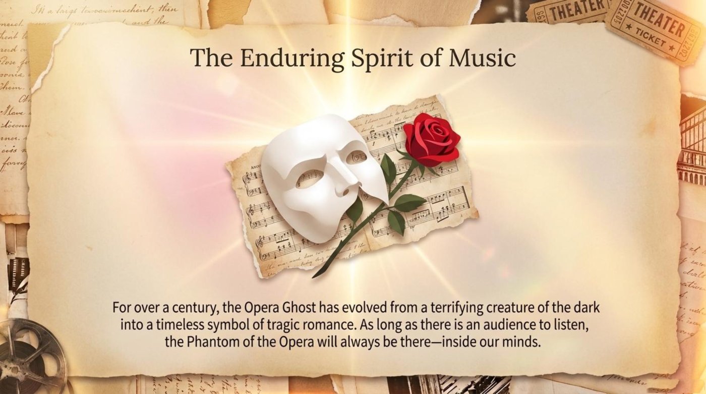 The enduring spirit of music: the mask and the rose against a backdrop of sheet music