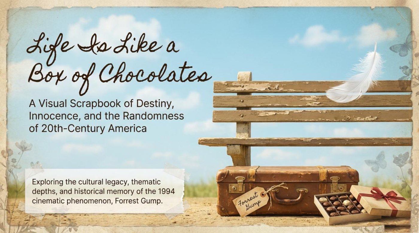 Forrest Gump scrapbook cover with box of chocolates and feather