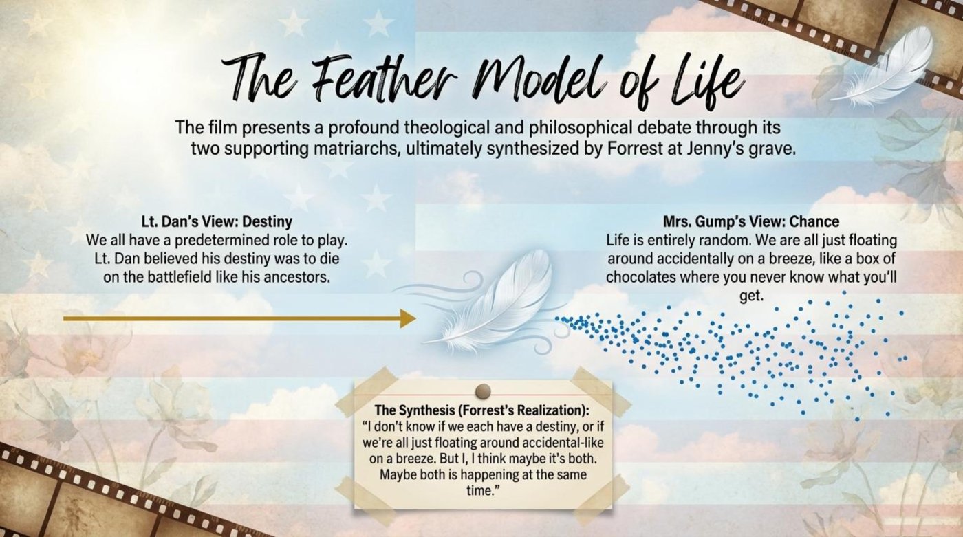 Feather resting on the ground with philosophical text about destiny