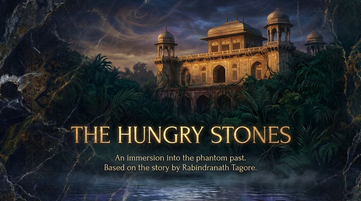 A moonlit marble palace rising over misty water, framed by dark marble and jungle — the title card of the deck.