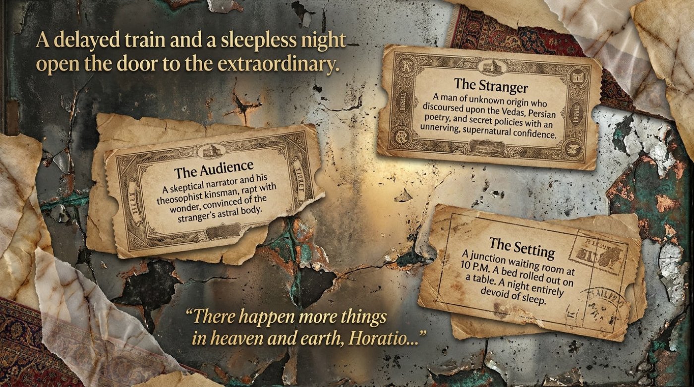 Three aged railway tickets on a torn metal surface introduce the stranger, the skeptical audience, and the sleepless waiting-room setting.