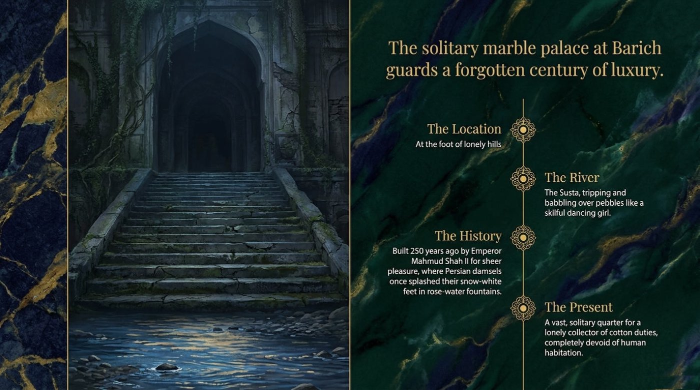 A dark stone stairway of one hundred and fifty steps climbing toward an arched palace gate, beside a map of the palace location, river, history, and present state.