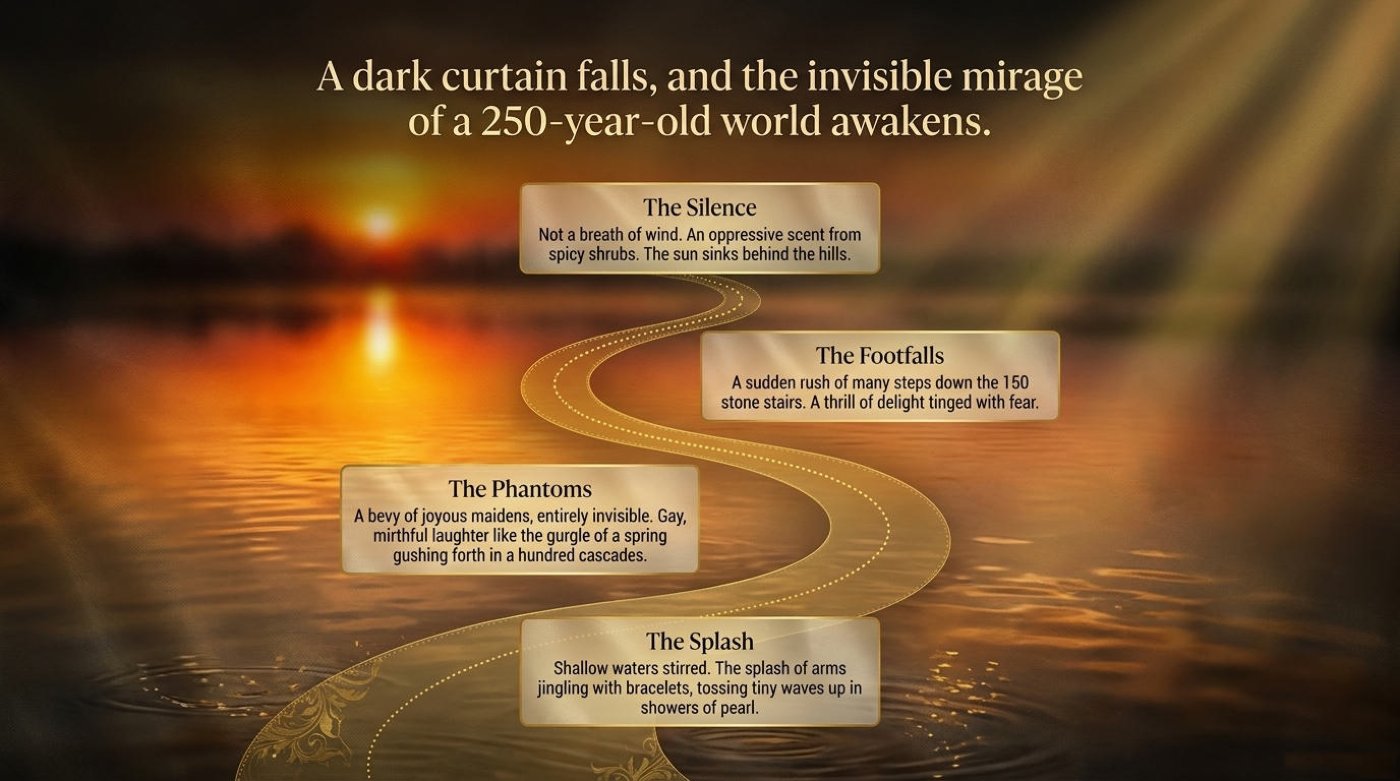 A burning orange sunset reflected in the river, with a golden winding path connecting the four beats of the awakening: silence, footfalls, phantoms, and splash.