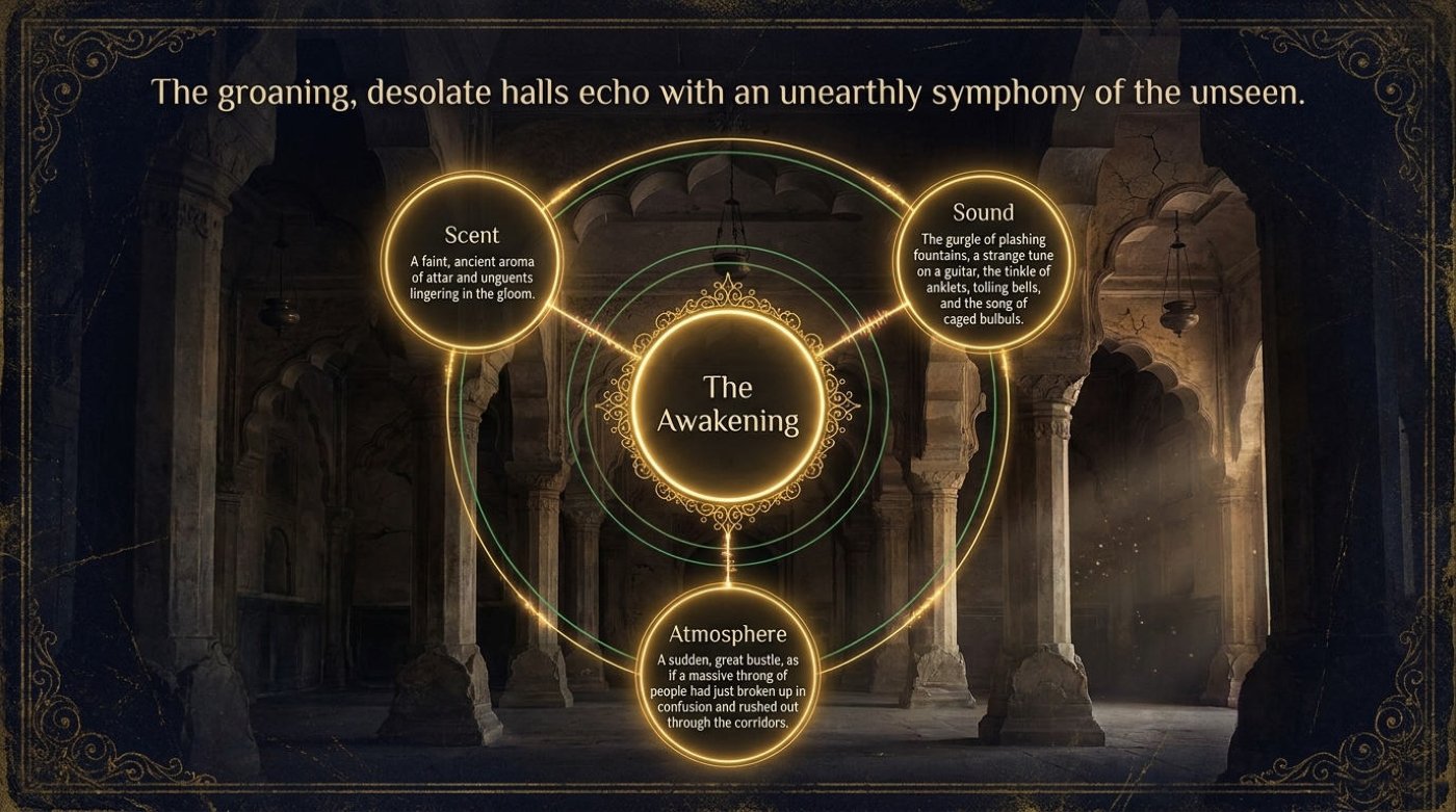 A ruined columned hall glowing with golden circles labelled scent, sound, and atmosphere around a central ring called the awakening.