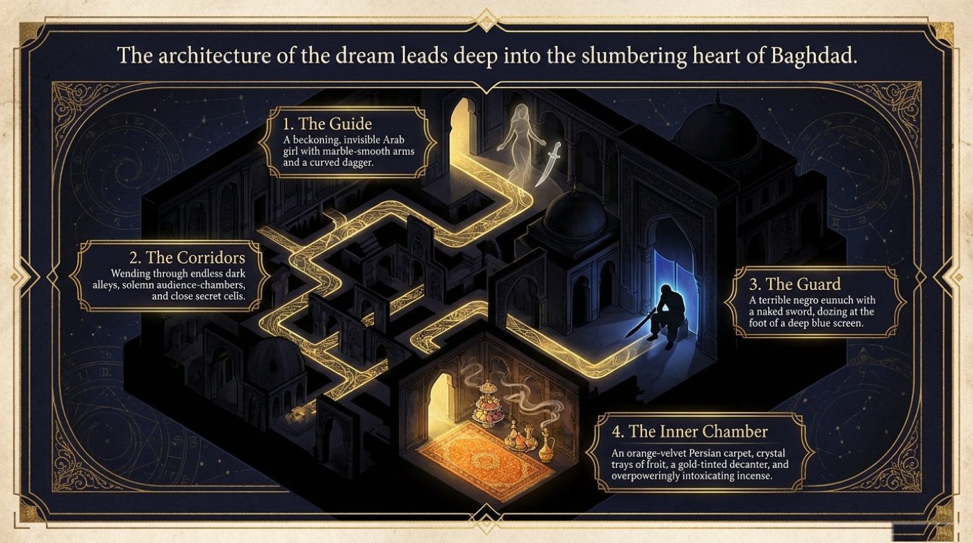 An isometric cutaway of a dream palace at night with a glowing golden route: the guide, the corridors, the guard, and the inner chamber.