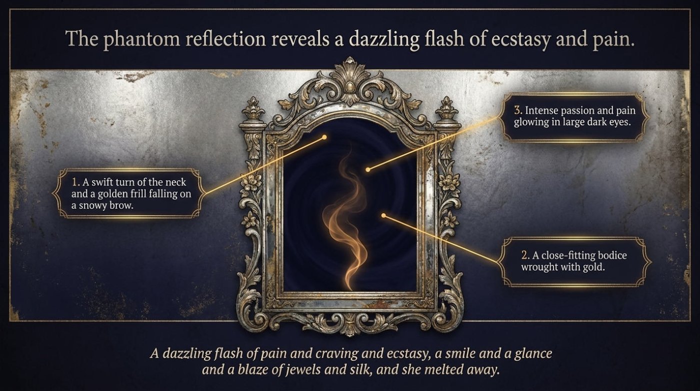 An ornate antique mirror reflecting only a wisp of golden smoke, annotated with the three fragments of the phantom girl.