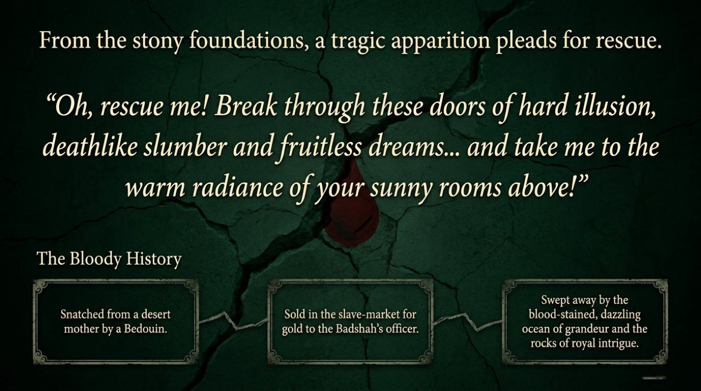 A cracked dark green stone wall with a blood-red drop and the apparition's plea for rescue, above a three-step chain of her bloody history.