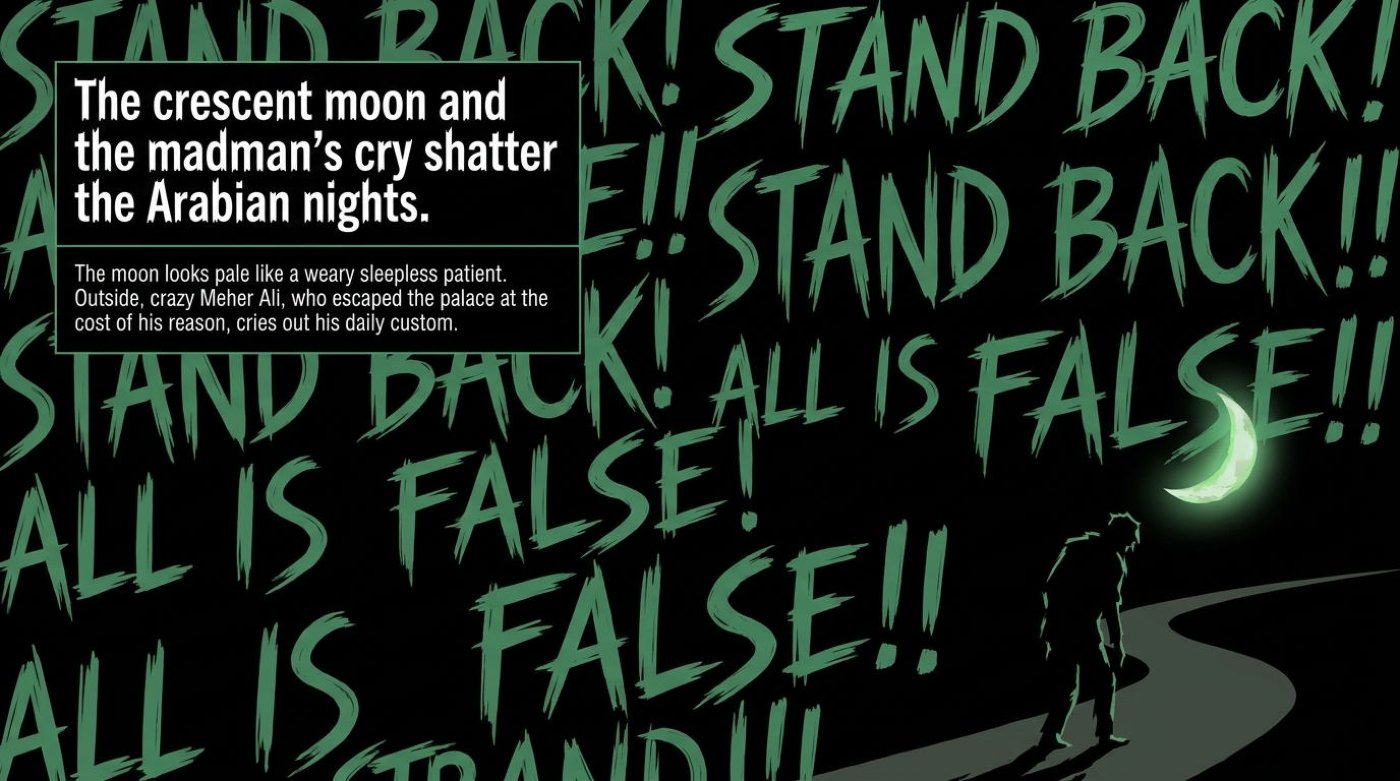 A black night sky filled with scrawled green letters reading stand back and all is false, a hunched silhouette on a road beneath a pale green crescent moon.