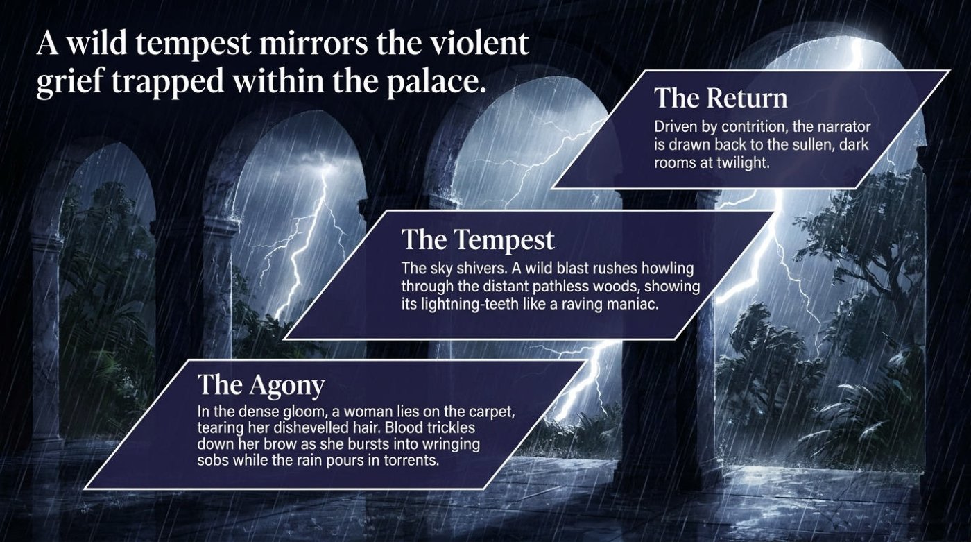 Lightning and torrential rain seen through palace arches, with three banners describing the return, the tempest, and the agony.