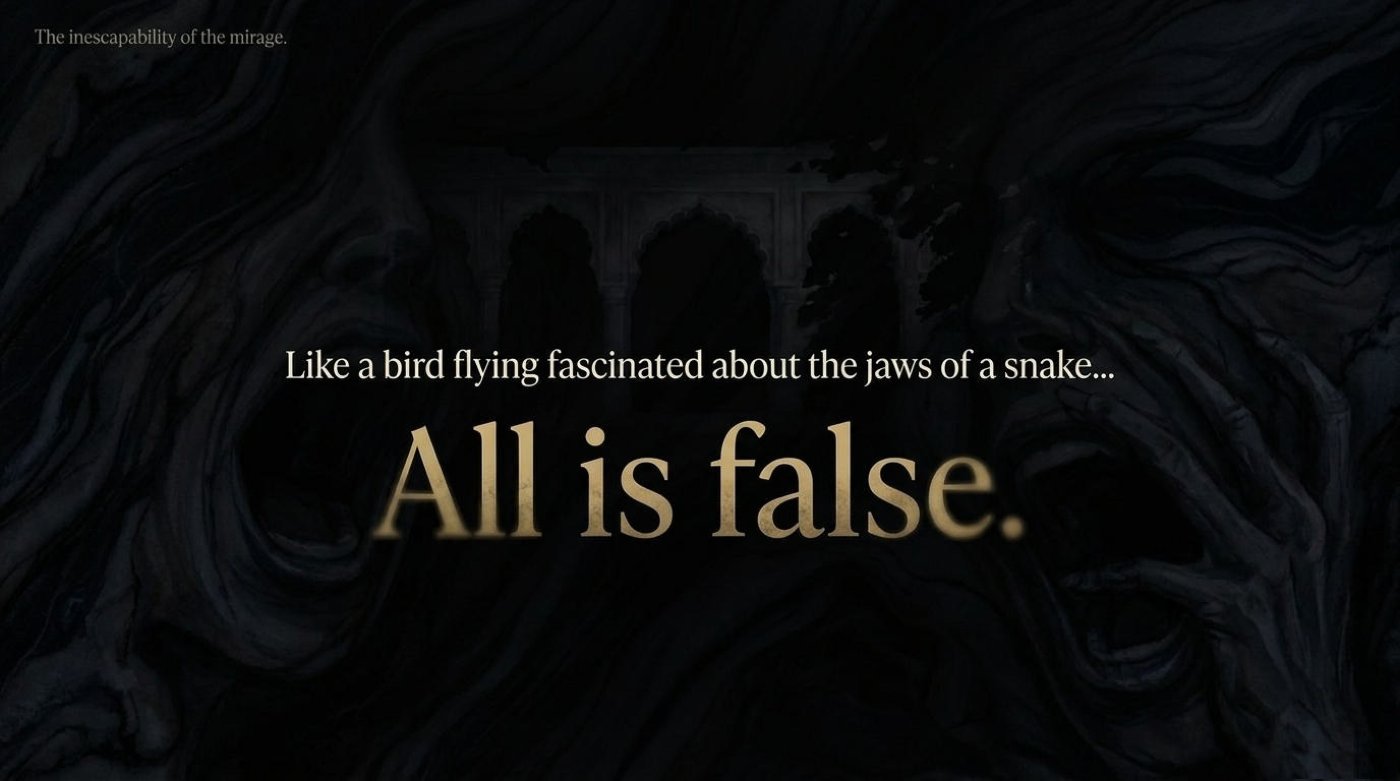 A nearly black frame with faint ghost faces and the large golden words all is false above the line about a bird fascinated by the jaws of a snake.