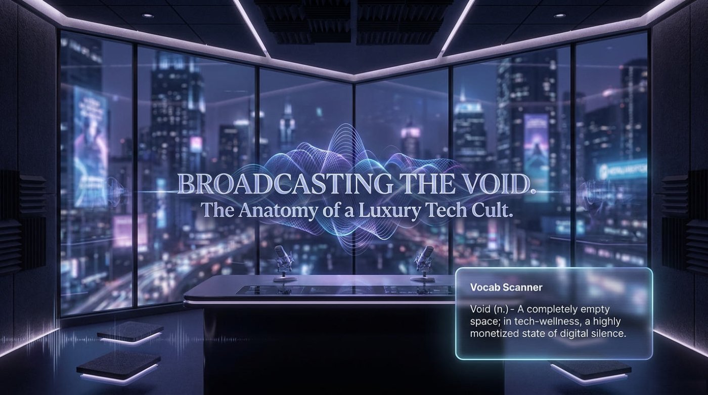 Title card of the broadcast: a midnight radio studio above a glowing city
