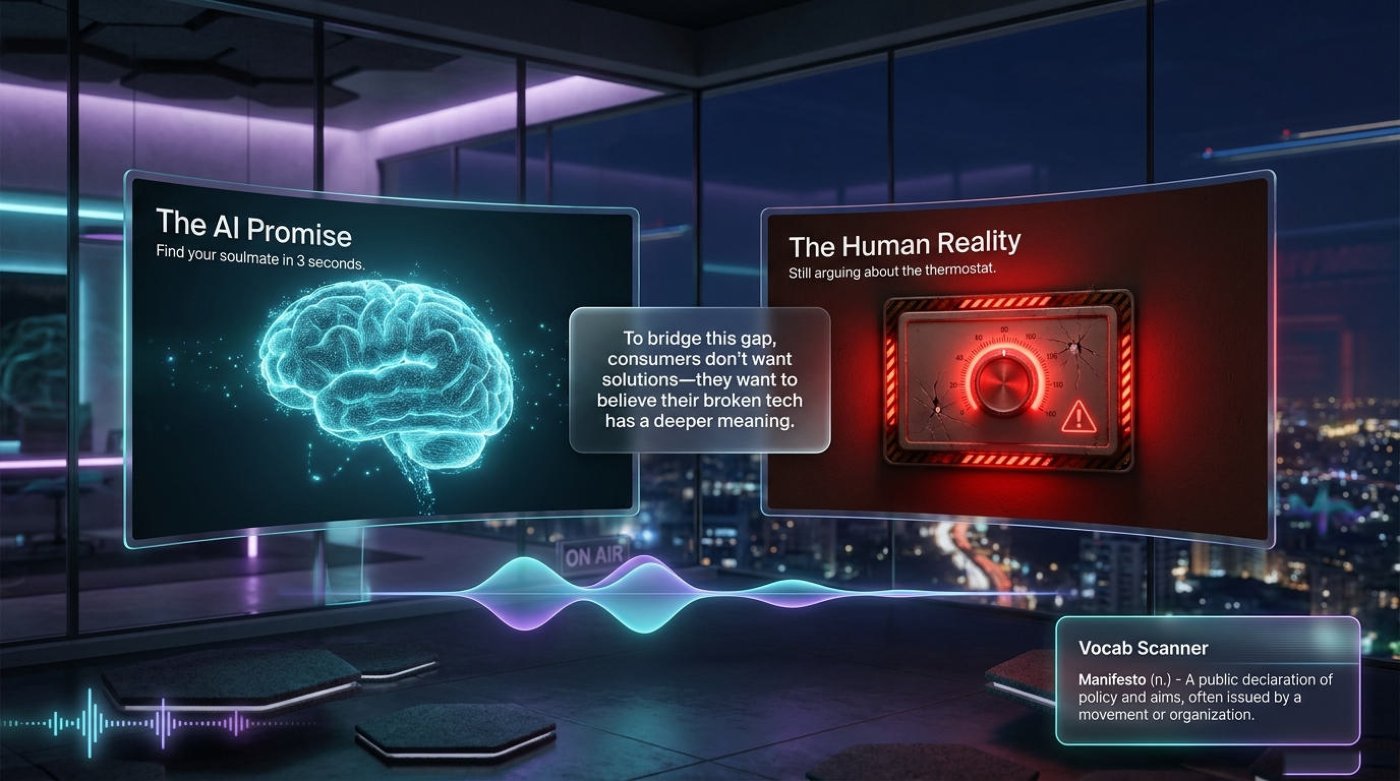 Two screens, two worlds: the polished AI promise and the stubborn human reality
