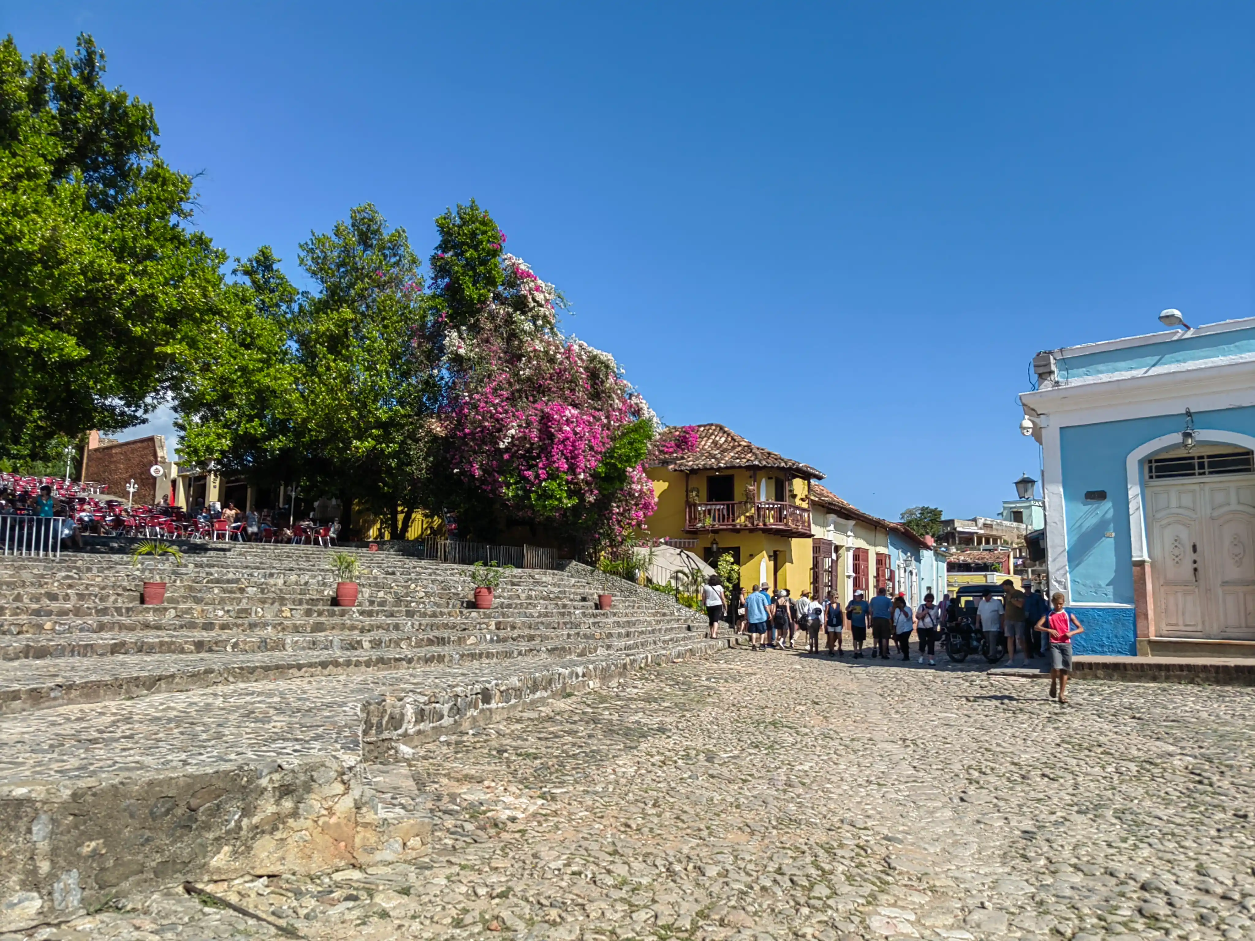 Cobblestone plaza with flowers